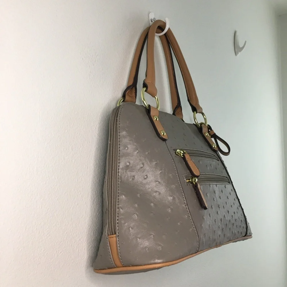 Taupe Ostrich & Tan Faux Leather Handbag